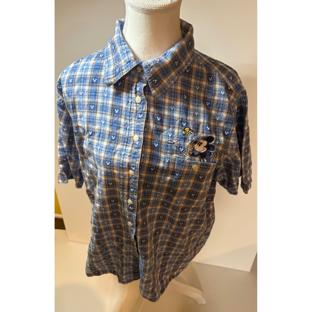 Vintage Disney Mickey Mouse Plaid Button Up Shirt Women's Size 14 Blue Yellow